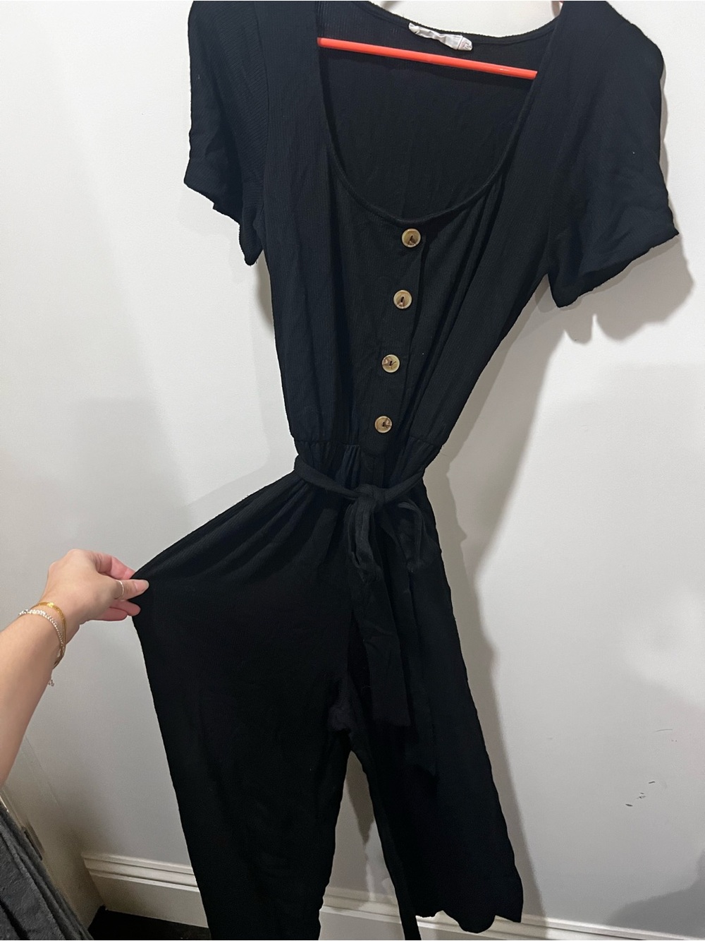 Lush Black Short-Sleeve Button-Front Jumpsuit with Tie Waist